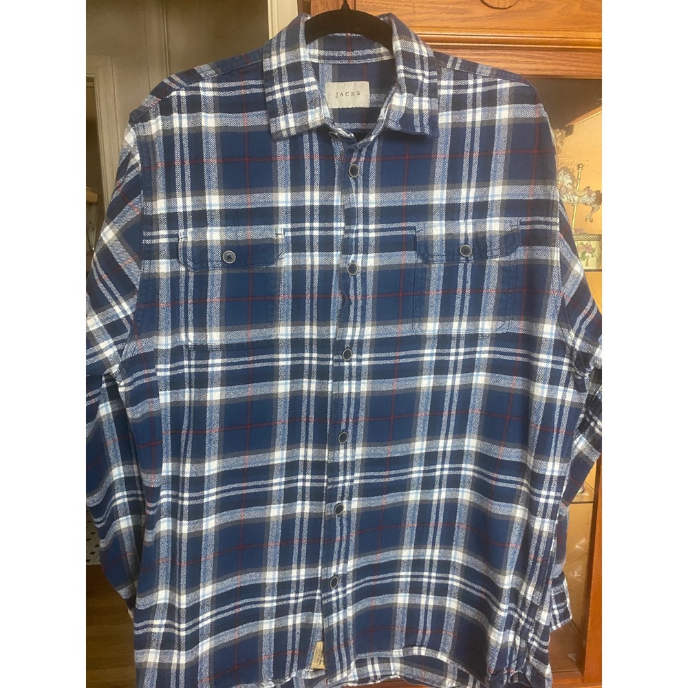 Jachs Mens Blue Plaid Flannel Button Down Shirt Long Sleeve 100% Cotton